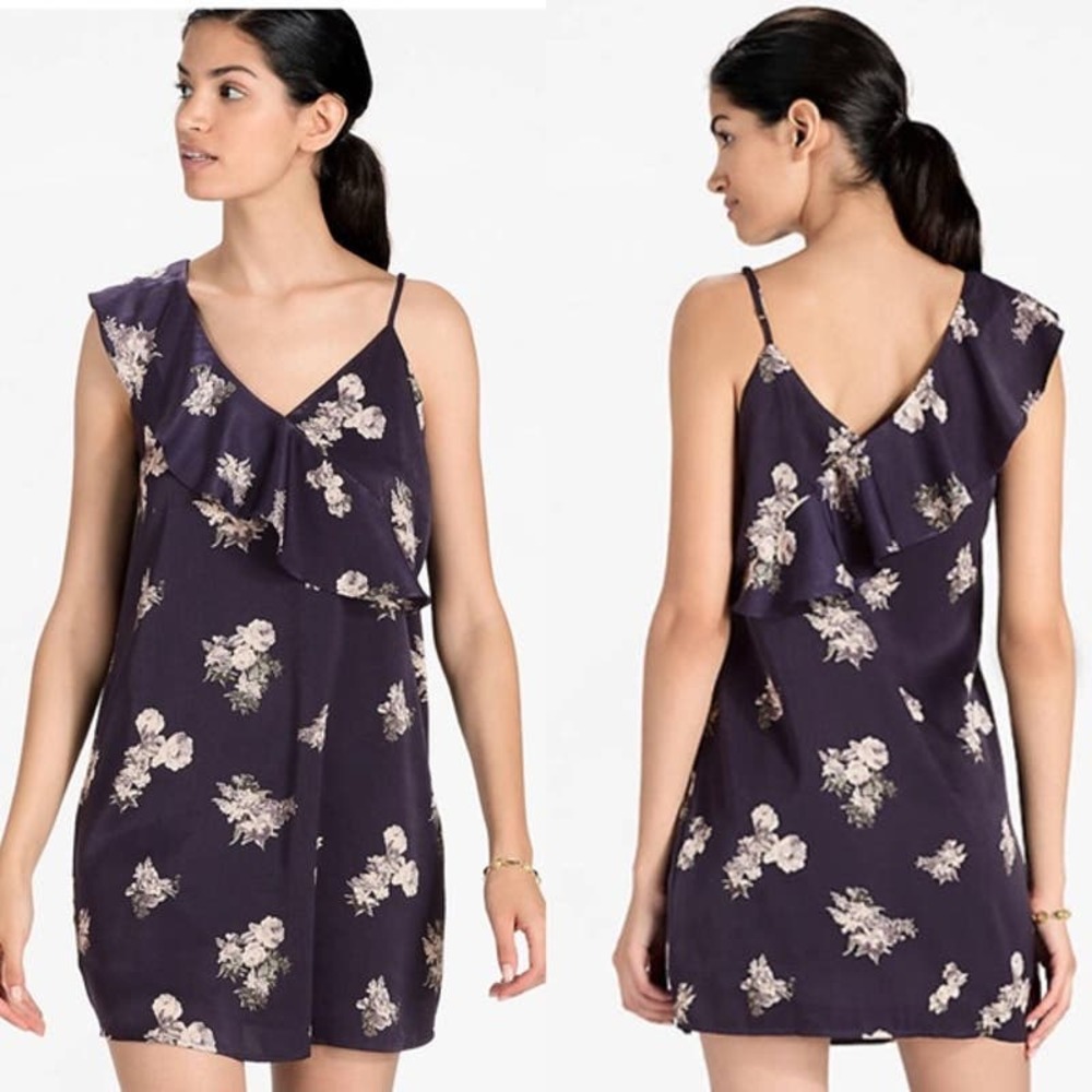 Lucky Brand Satin Ruffle One Shoulder Floral Dress NWT Blue Sz Medium New